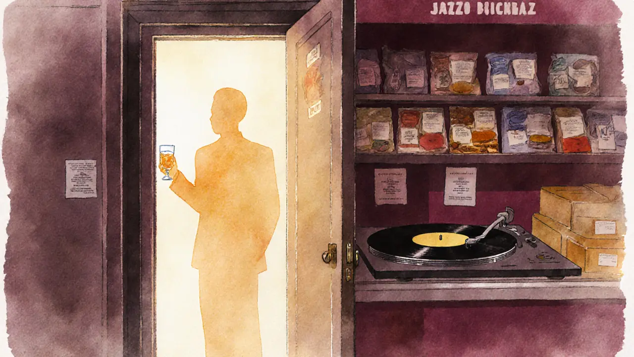 Hidden speakeasy behind a fridge door, glowing faintly, with a person holding a whiskey glass.