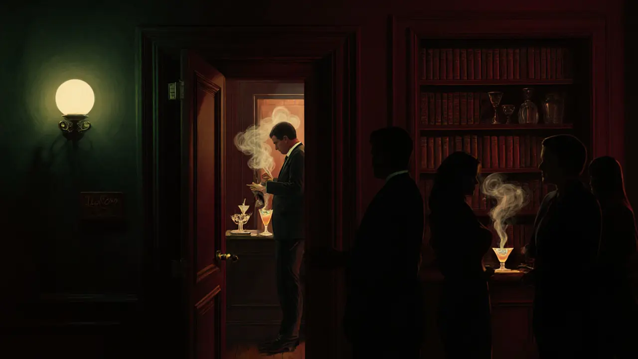 Hidden speakeasy door behind a bookshelf, glowing with vintage cocktails and shadowy patrons.
