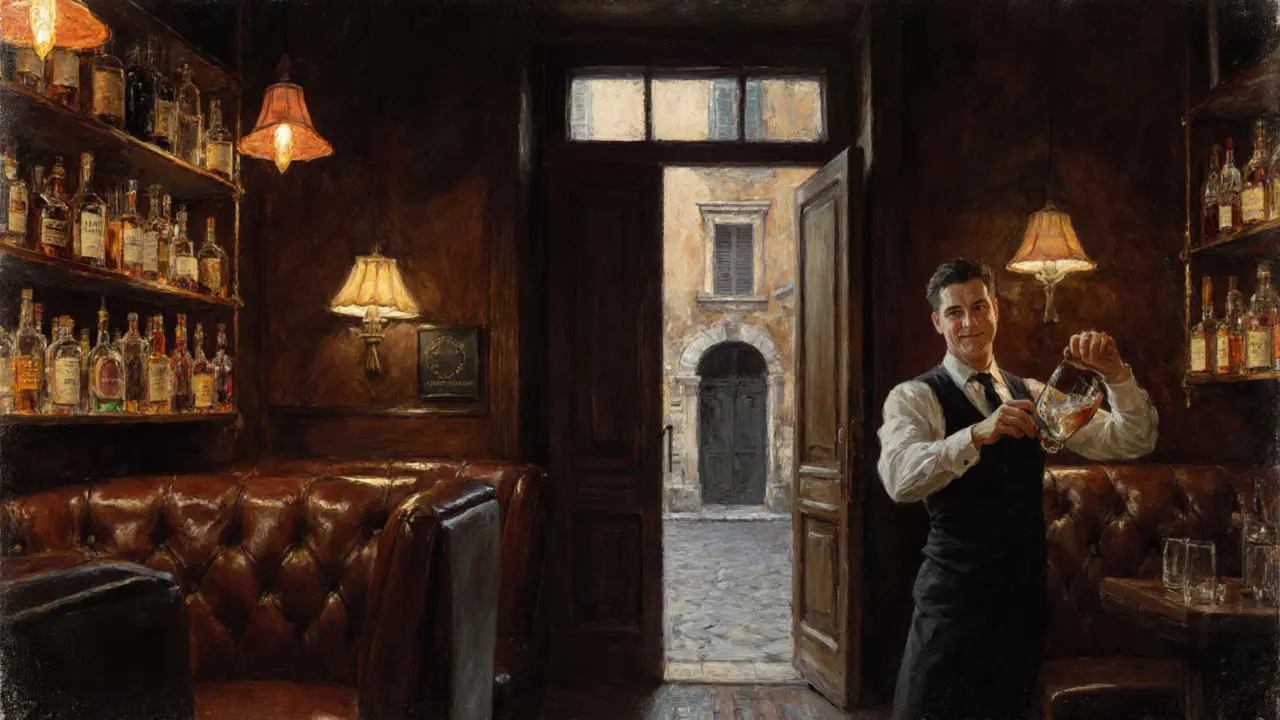 Hidden speakeasy in Brera with dim lighting, leather booths, and a bartender pouring a cocktail in a quiet, elegant setting.