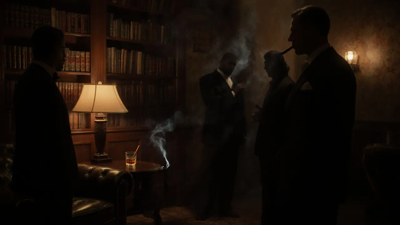 Hidden speakeasy room with whiskey, cigar smoke, and quiet conversation in a 1920s apartment.