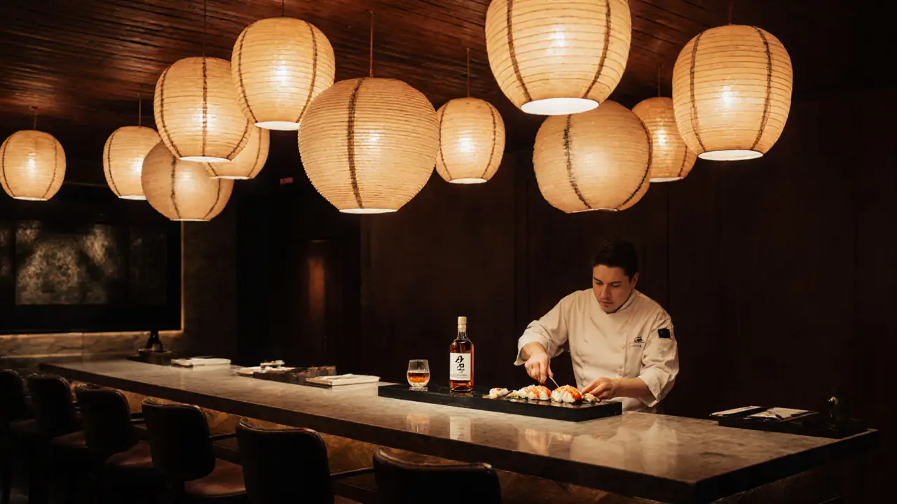 Intimate Japanese bar with floating lanterns and rare whiskey bottle on dark surface.