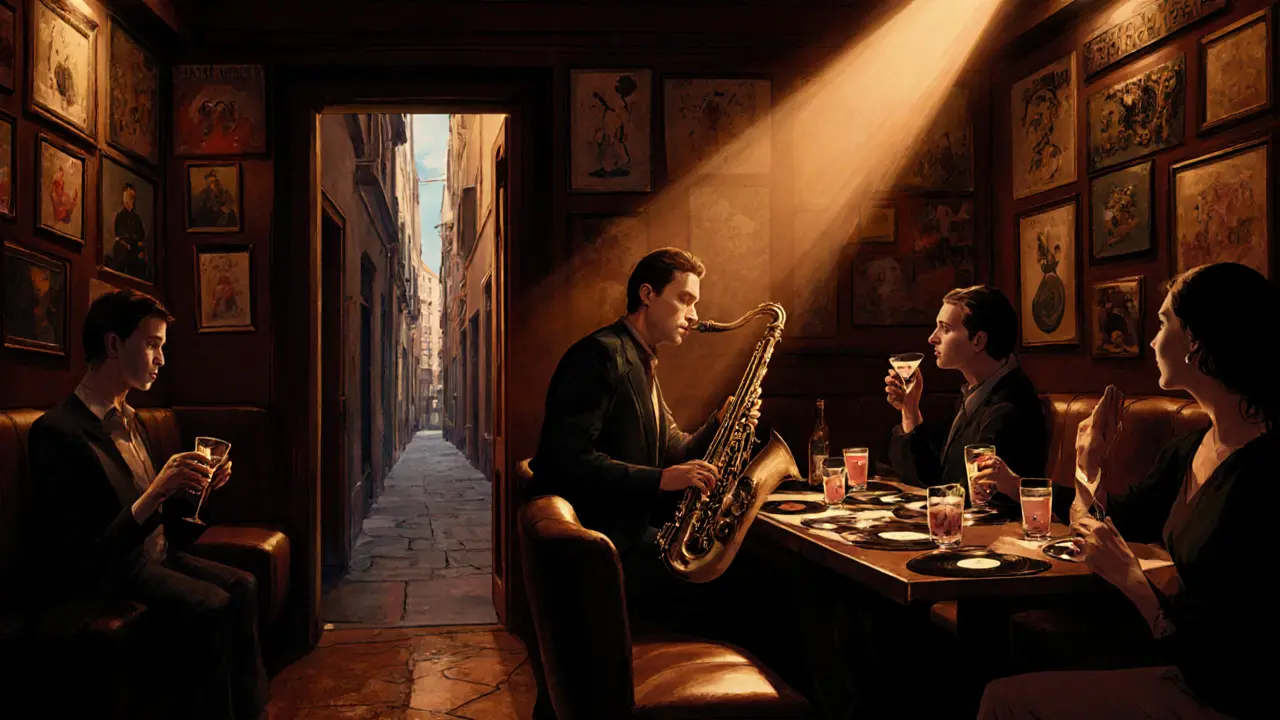 Intimate jazz bar in Brera with dim lighting, a saxophonist playing, and patrons sipping drinks in quiet atmosphere.