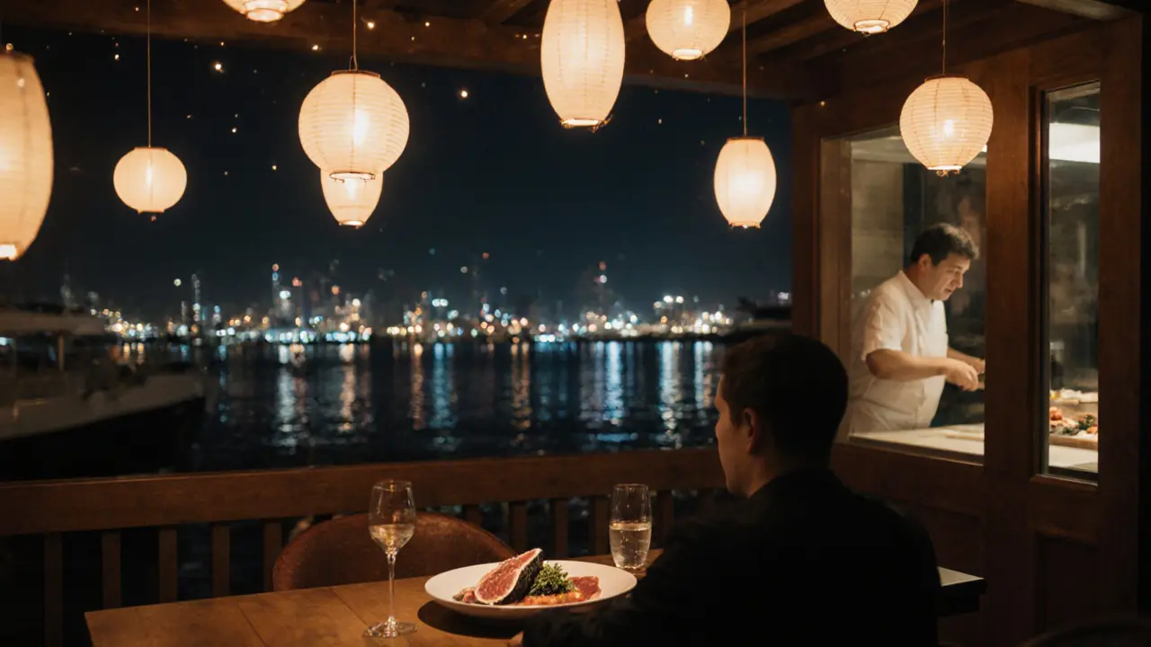 Japanese restaurant terrace at night with paper lanterns, marina lights reflecting on water, guest dining under soft glow.