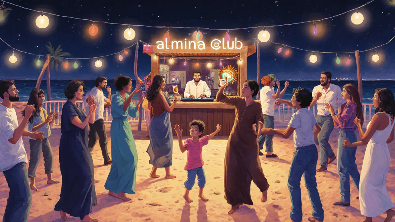 Locals and expats dancing at a casual beachside club with Arabic pop music, no dress code, warm string lights overhead.