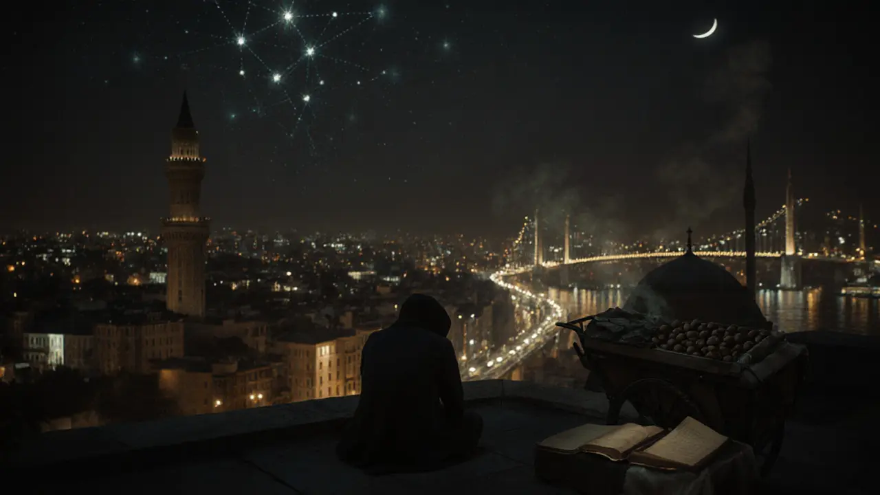 Lone figure on Galata Tower rooftop at night, overlooking a quiet, illuminated Istanbul.