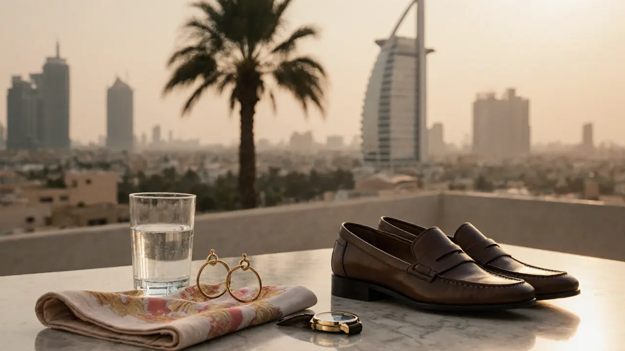 Luxury accessories—silk scarf, gold earrings, and loafers—arranged on marble with a blurred city backdrop.