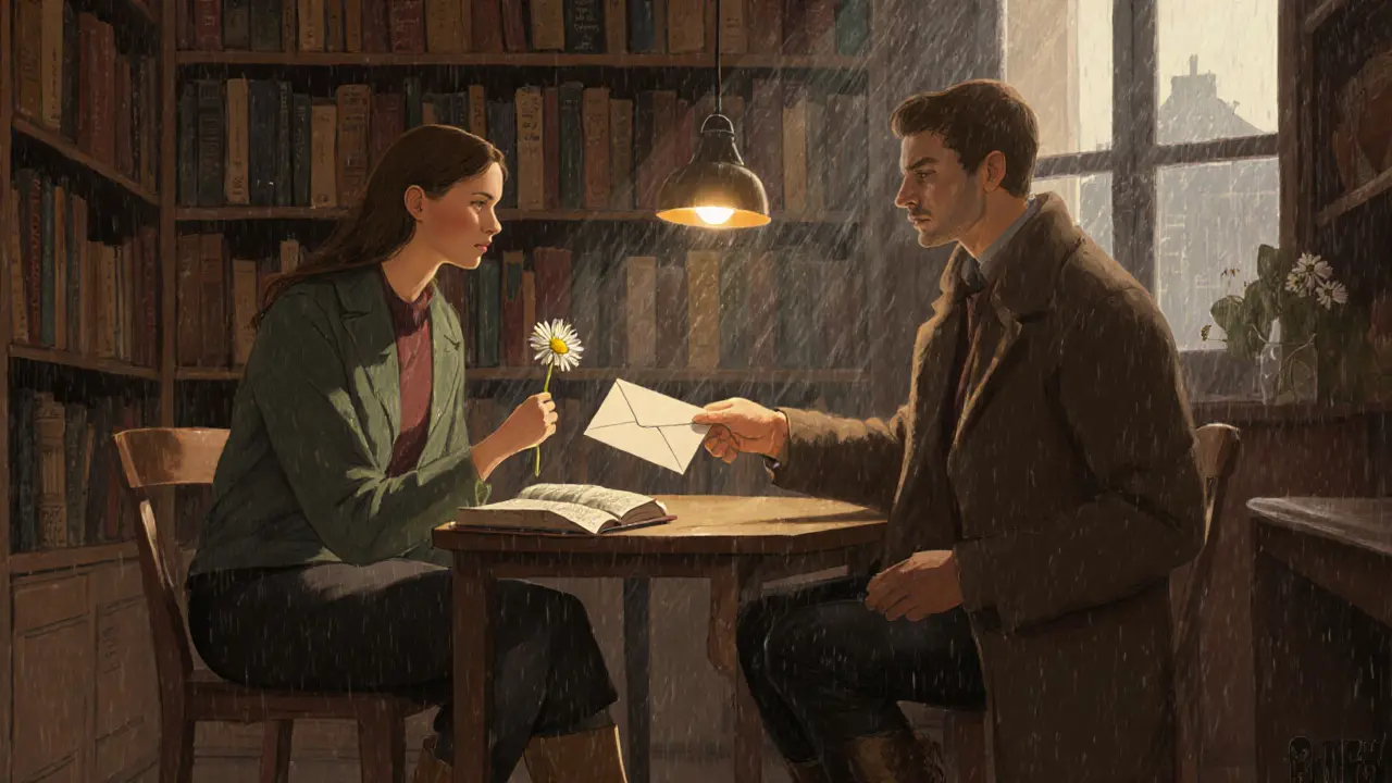 Man handing an envelope to a woman in a cozy Neukölln bookstore, wild daisy on the table beside a book, warm lamplight.