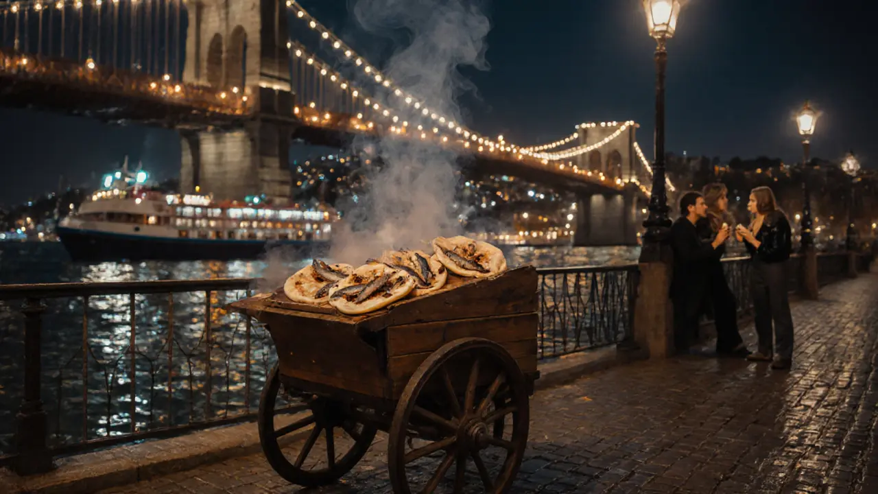 Midnight street food vendor selling grilled sardines in Eminönü, with the Galata Bridge glowing behind steam and wet cobblestones.