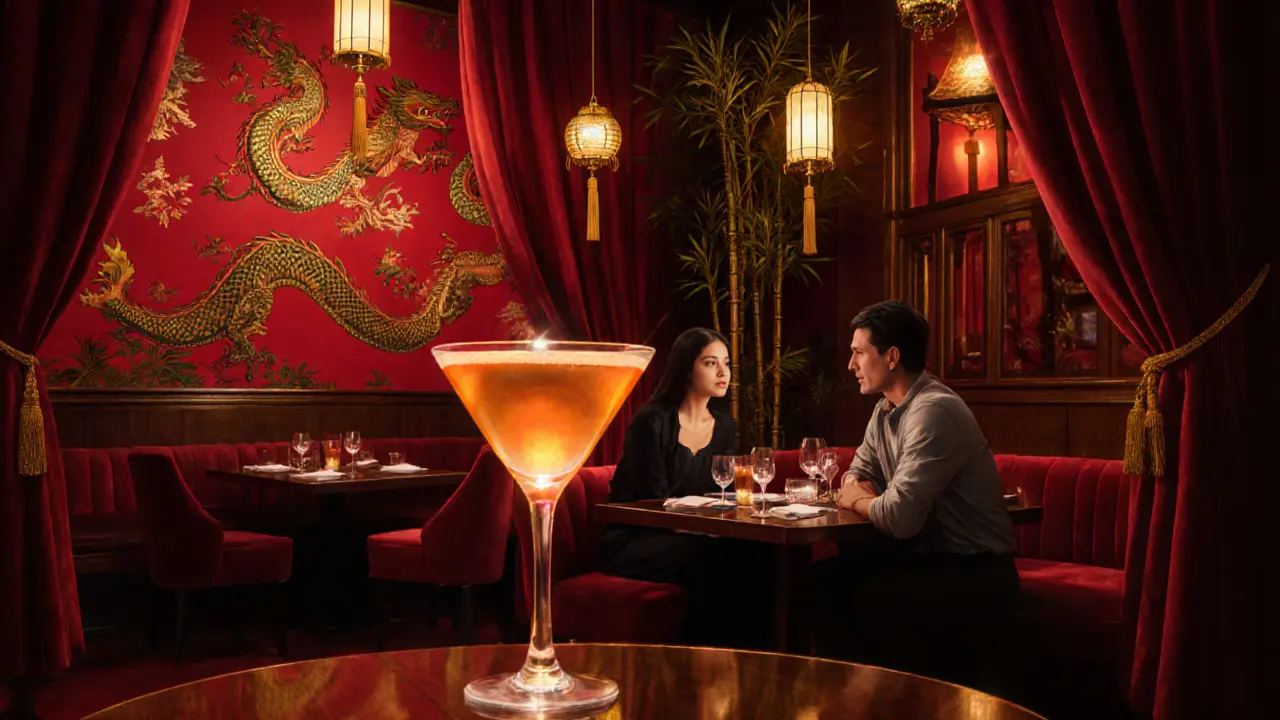 Neon-lit interior of The Ivy Asia with dragons on walls and golden lanterns overhead.