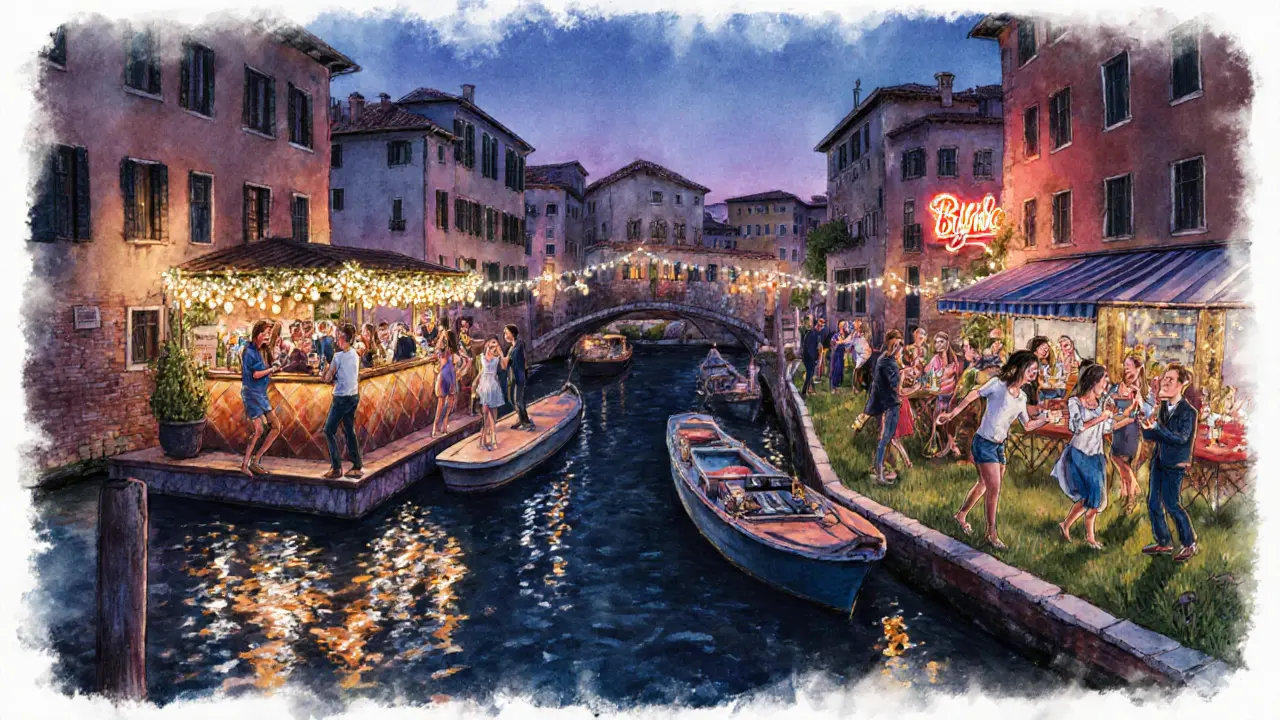 Nighttime Navigli canals with floating bars and people dancing barefoot on grass under fairy lights.