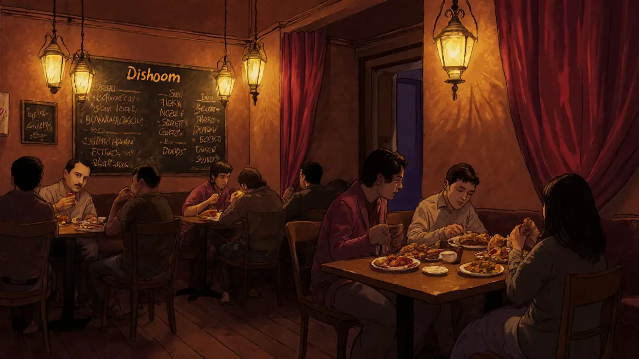 Patrons eating bacon naan and butter chicken in a warm, lantern-lit Indian restaurant at midnight.