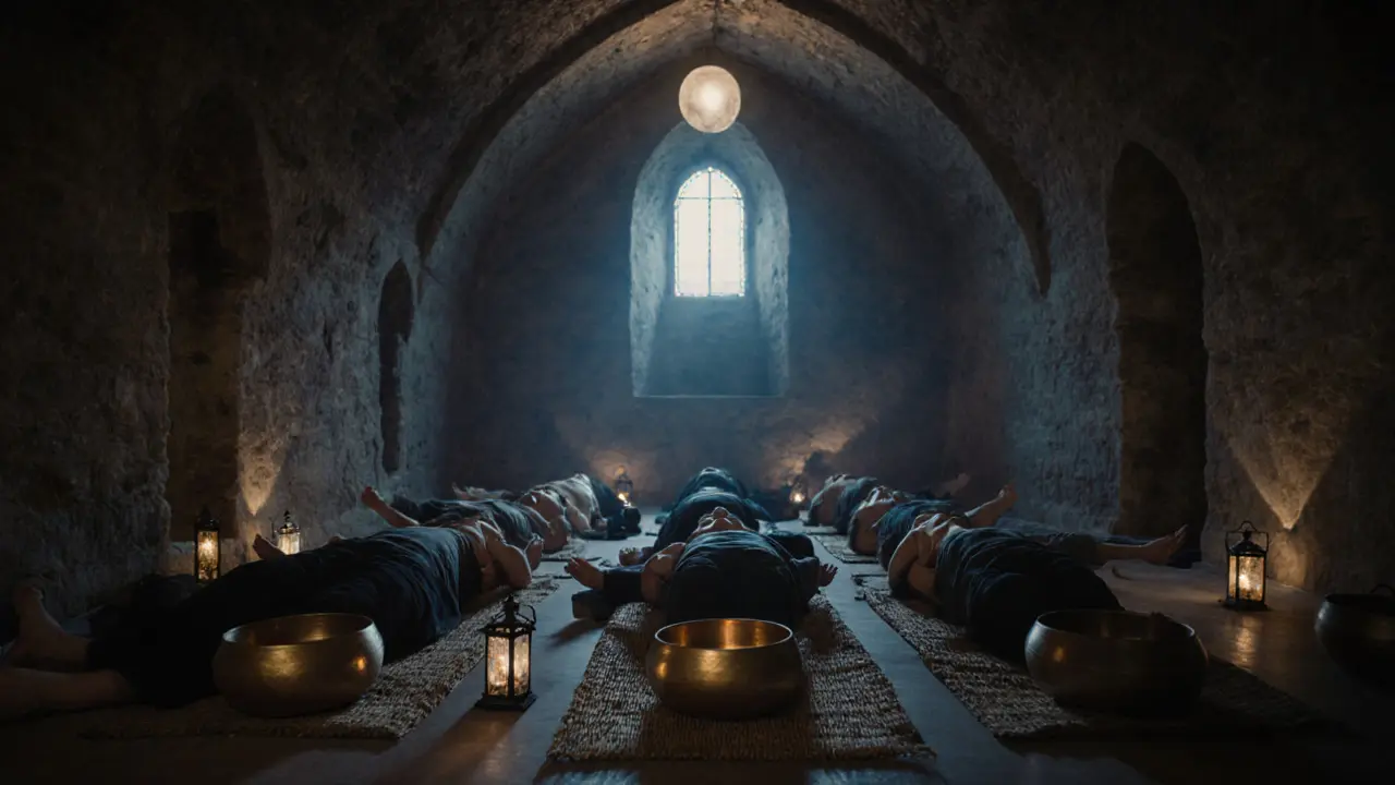 People lying peacefully in a chapel during a nighttime sound bath with singing bowls.