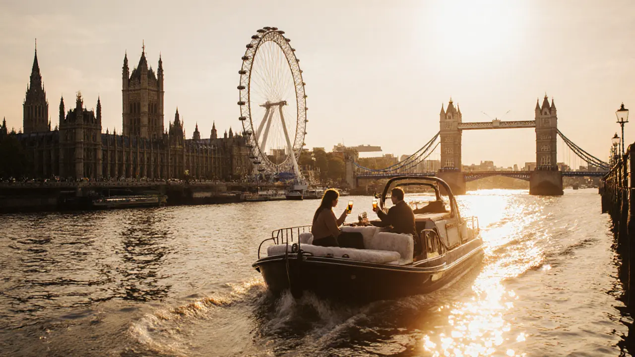 Private boat cruise on the Thames at sunset with city lights reflecting on water.
