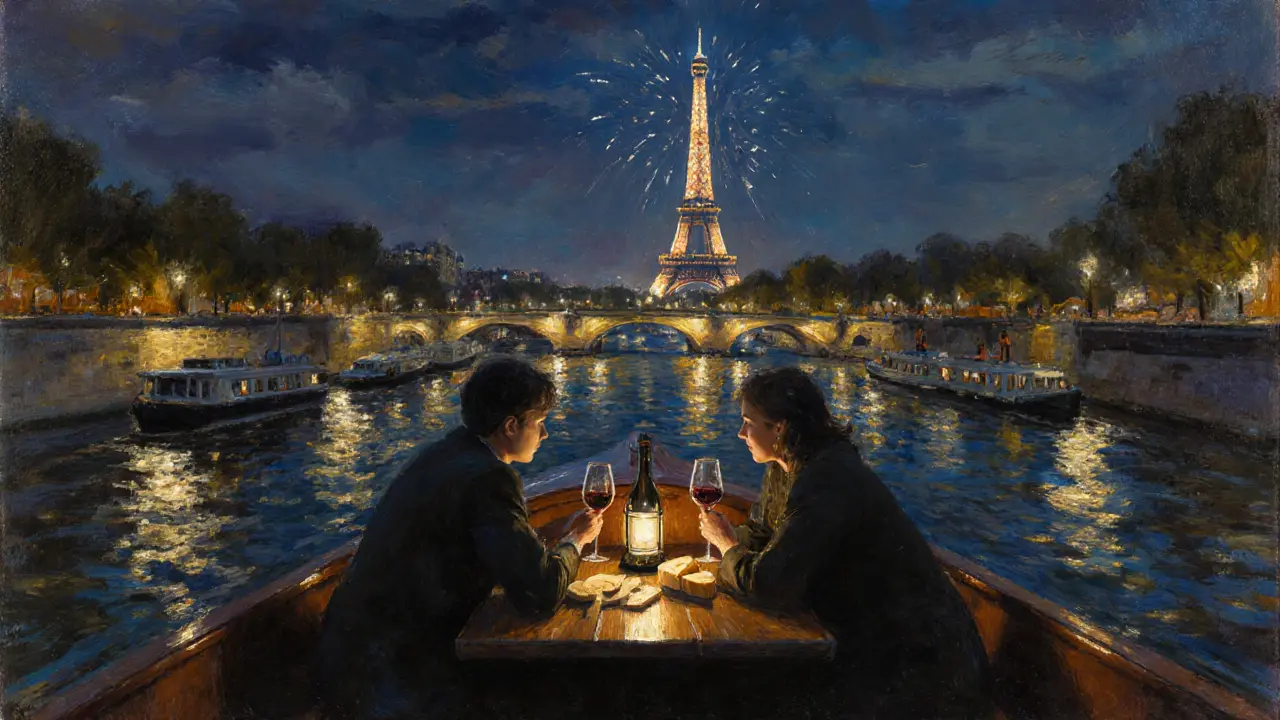 Private boat on the Seine at night, Eiffel Tower sparkling in the distance as two people share wine and cheese.