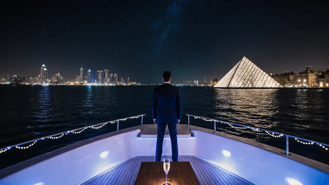 Private yacht at night with city lights on horizon, still water and single figure standing.
