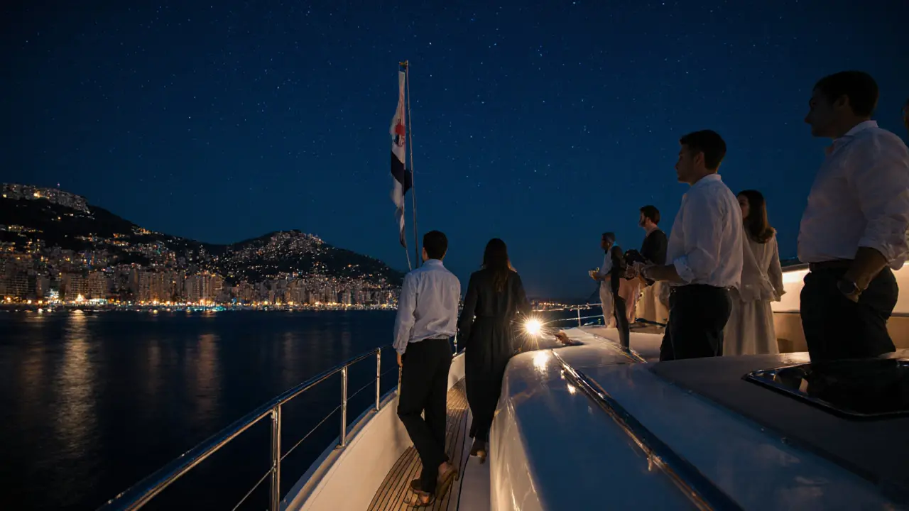 Private yacht at Pier 7 with silhouetted guests under stars, soft light on the bow.