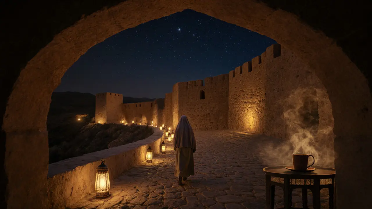 Quiet night tour at Qasr Al Hosn fort illuminated by lanterns under stars.