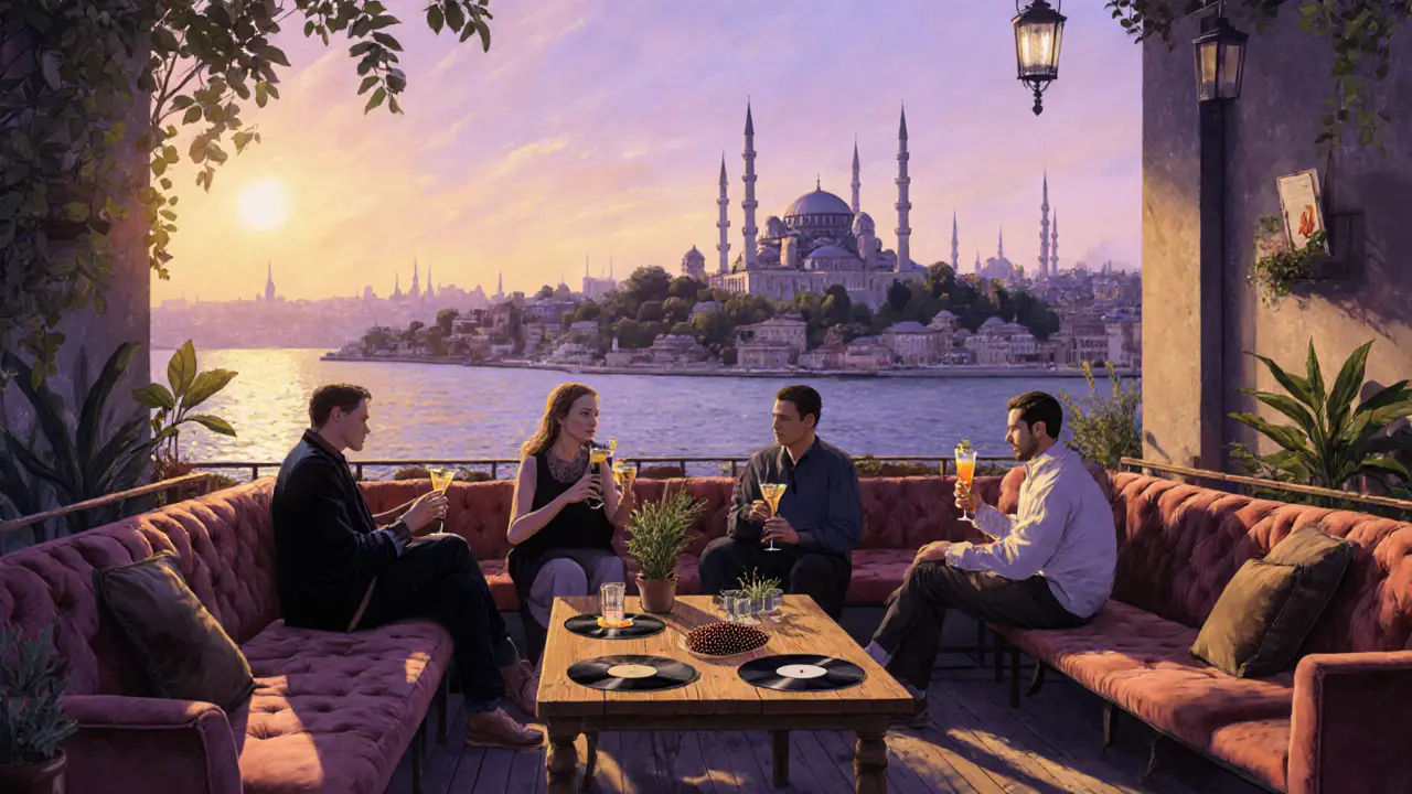 Rooftop bar in Cihangir with patrons enjoying cocktails as Istanbul’s skyline glows in dusk light.