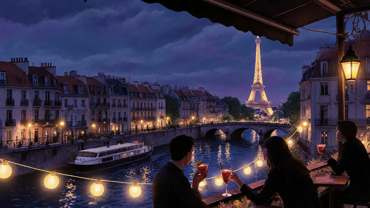 Rooftop bar overlooking the Canal Saint-Martin at dusk, with string lights and the Eiffel Tower in the distance.