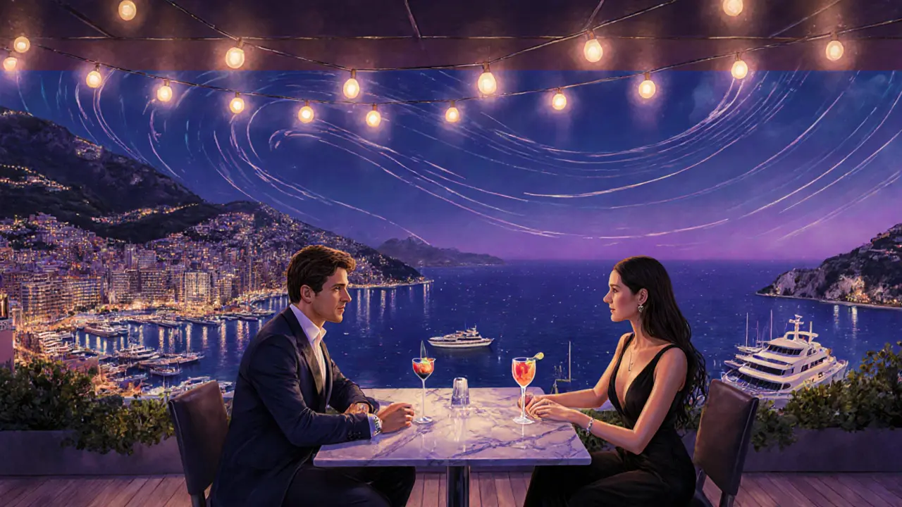 Rooftop lounge at Le Bar des Palmes with harbor views, people sipping cocktails as lights shimmer on the water.