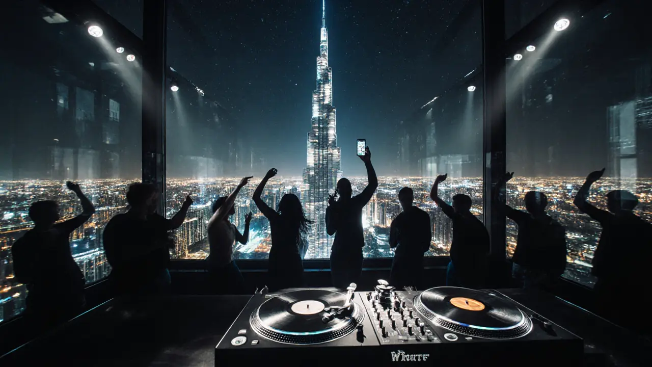 Rooftop party at White Dubai with dancers silhouetted against Burj Khalifa and city lights.