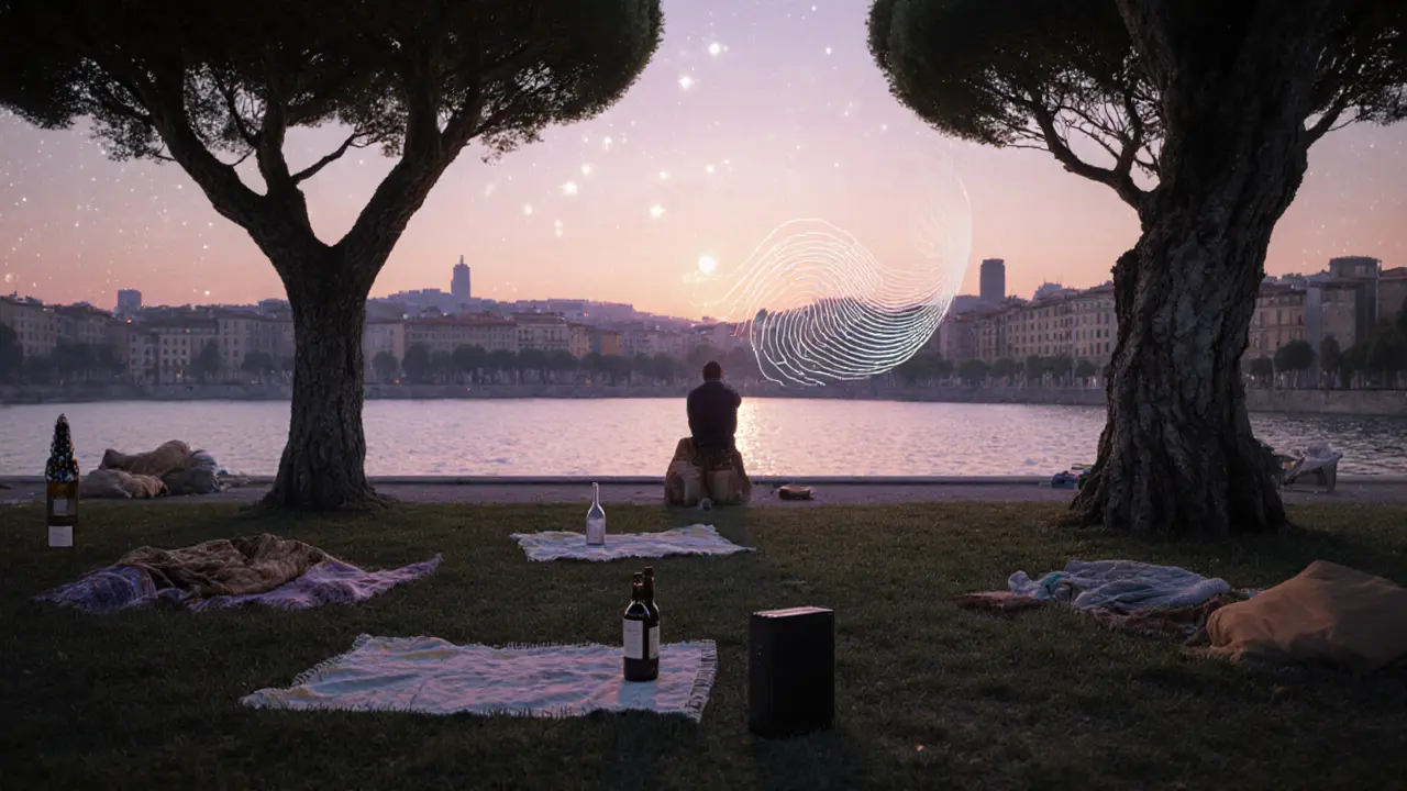 Serene dawn in Giardini Pubblici park with blankets, wine bottles, and quiet solitude under trees.