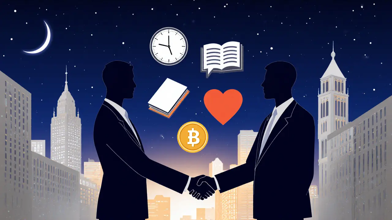 Silhouetted figures shake hands against a glowing Milan cityscape, with symbolic elements representing time, conversation, cash, and respect.