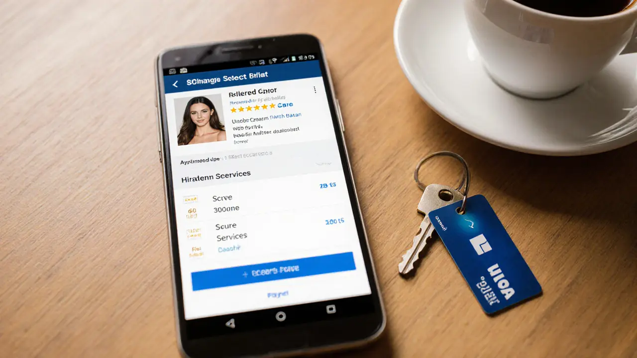 Smartphone screen showing a transparent escort profile with reviews and secure payment options.