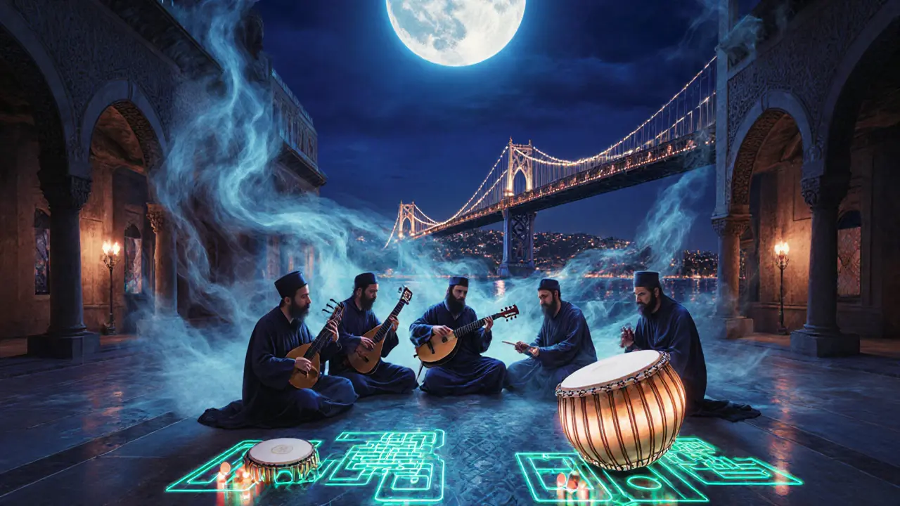 Surreal fusion of traditional Turkish musicians and electronic beats under a moonlit sky, with reflections of the Bosphorus Bridge.