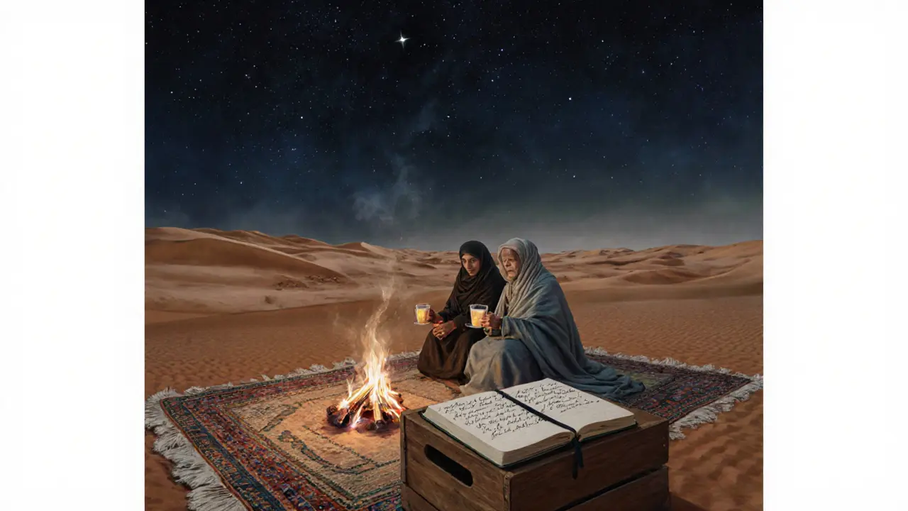 Two individuals sitting by a desert fire under a starry sky, drinking tea with a journal nearby.