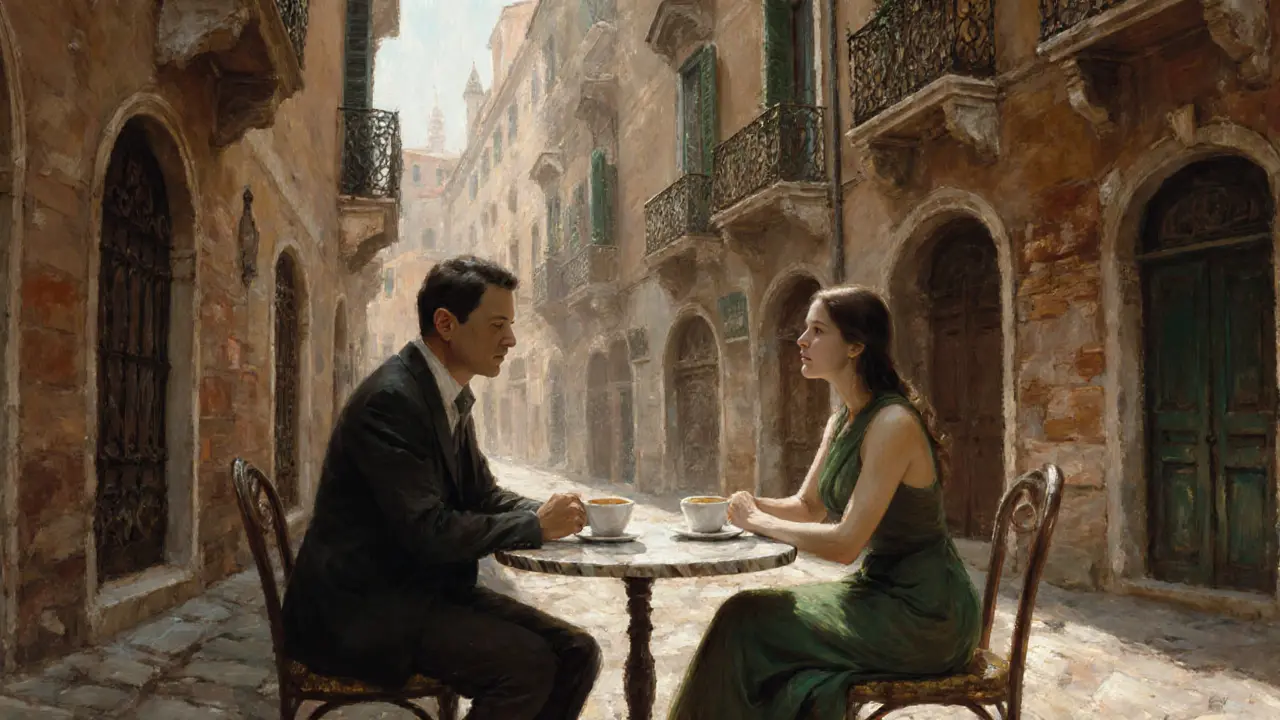 Two people share coffee in a secluded Milan courtyard, calm and connected under natural daylight.