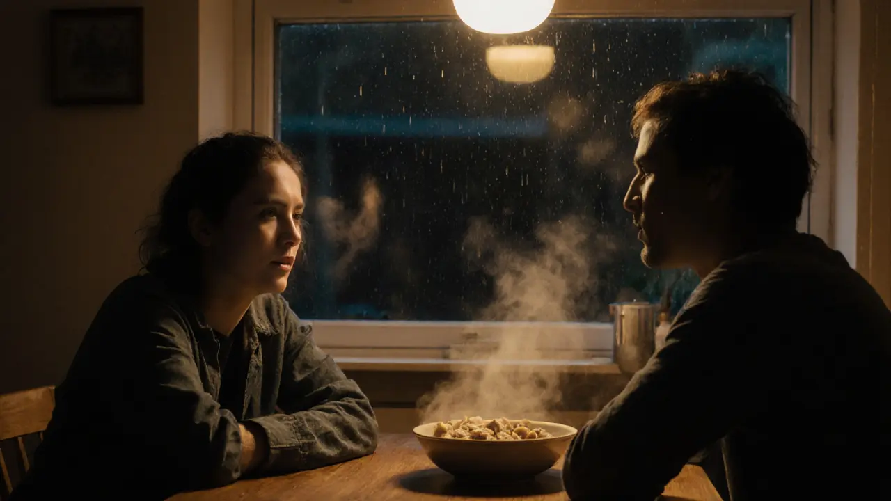 Two people share dumplings in a modest kitchen at night, rain falling outside the window.