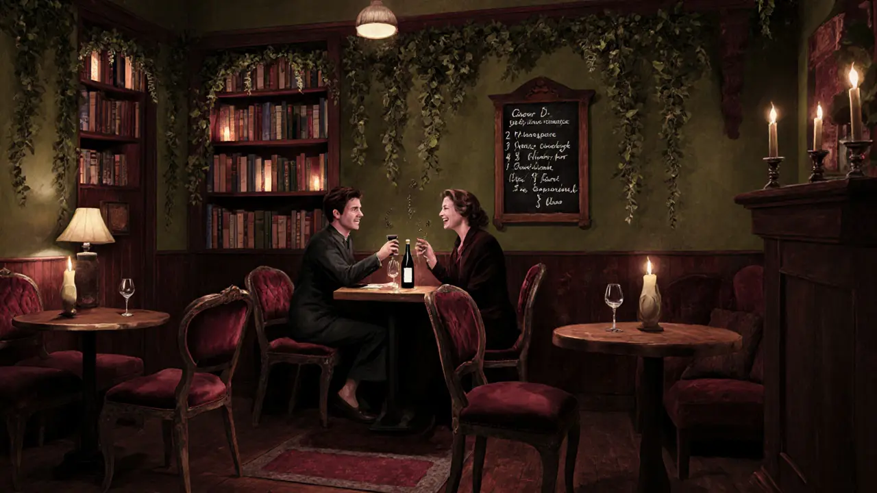 Two people share wine in a cozy basement bar with vintage decor and warm candlelight.