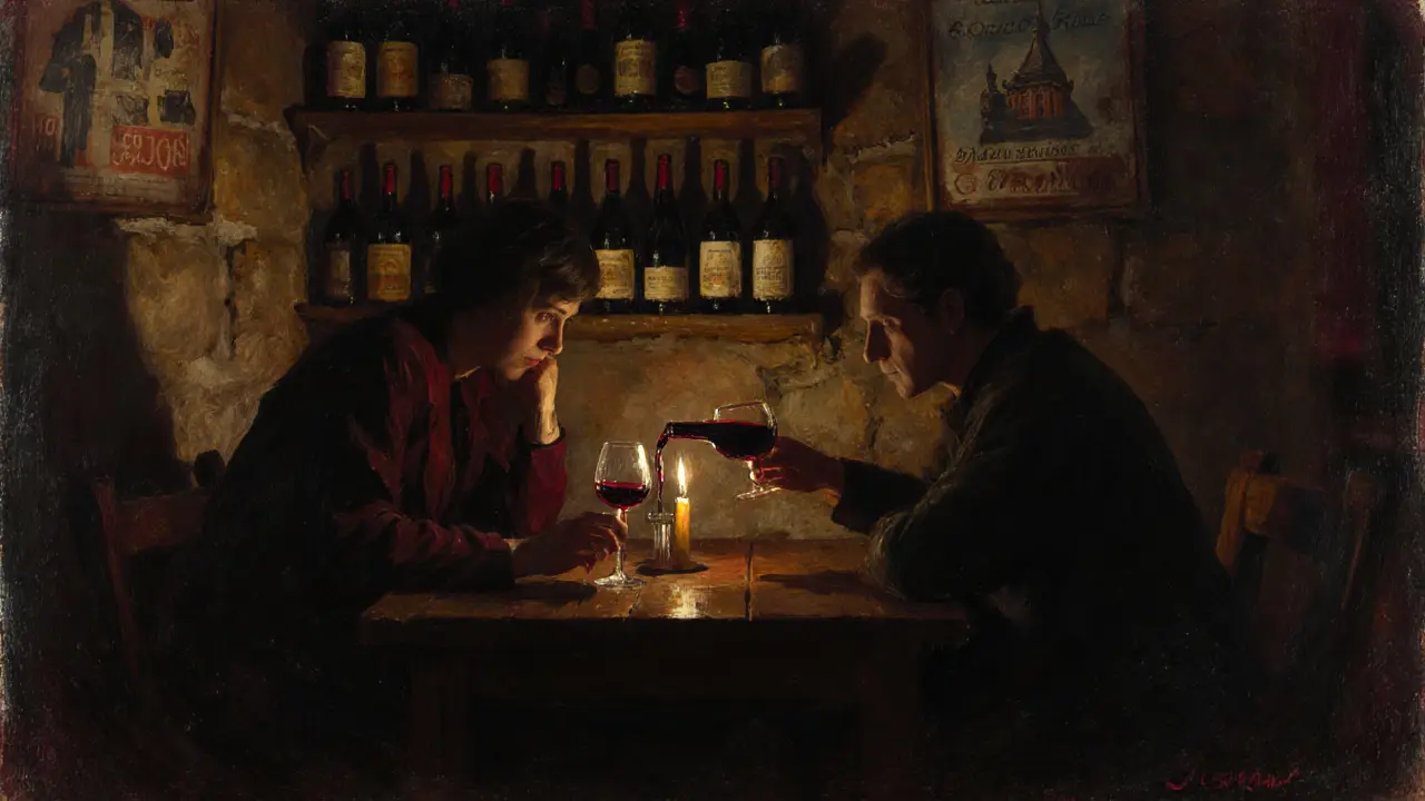 Two people sharing wine in a cozy Montmartre cellar, candlelight reflecting in glasses, shelves of bottles behind them.