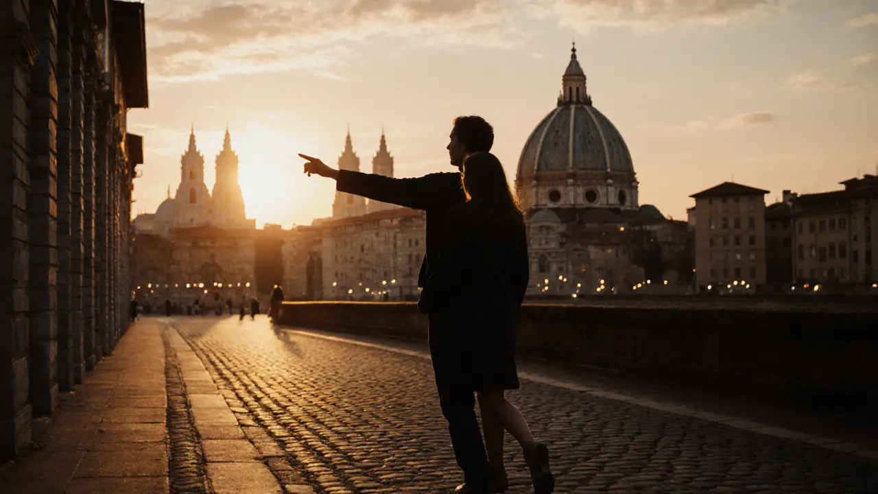 Two people walking peacefully beside Milan&#039;s Duomo at sunset, enjoying the view together.