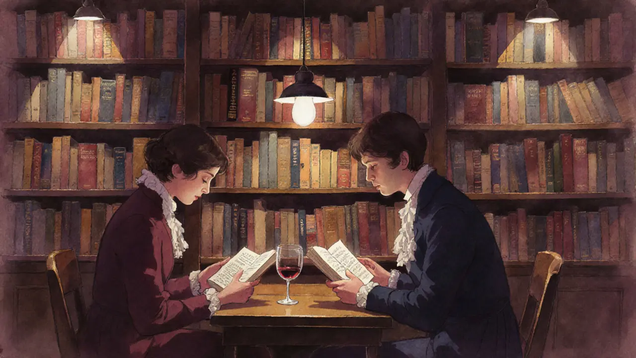 Two quiet readers enjoy first editions and wine in a bookshop organized by emotional themes.
