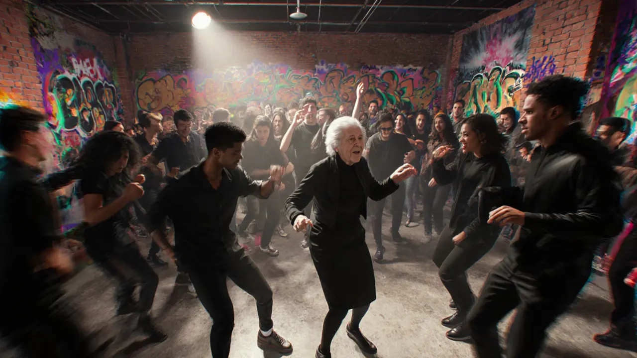 Underground club in Porta Romana with diverse crowd dancing on concrete floor under graffiti-covered walls.