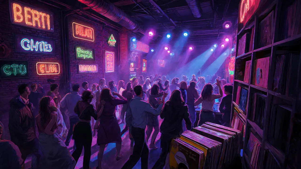 Underground club in Via Tortona with industrial decor, dancing crowd, and vibrant neon lighting.