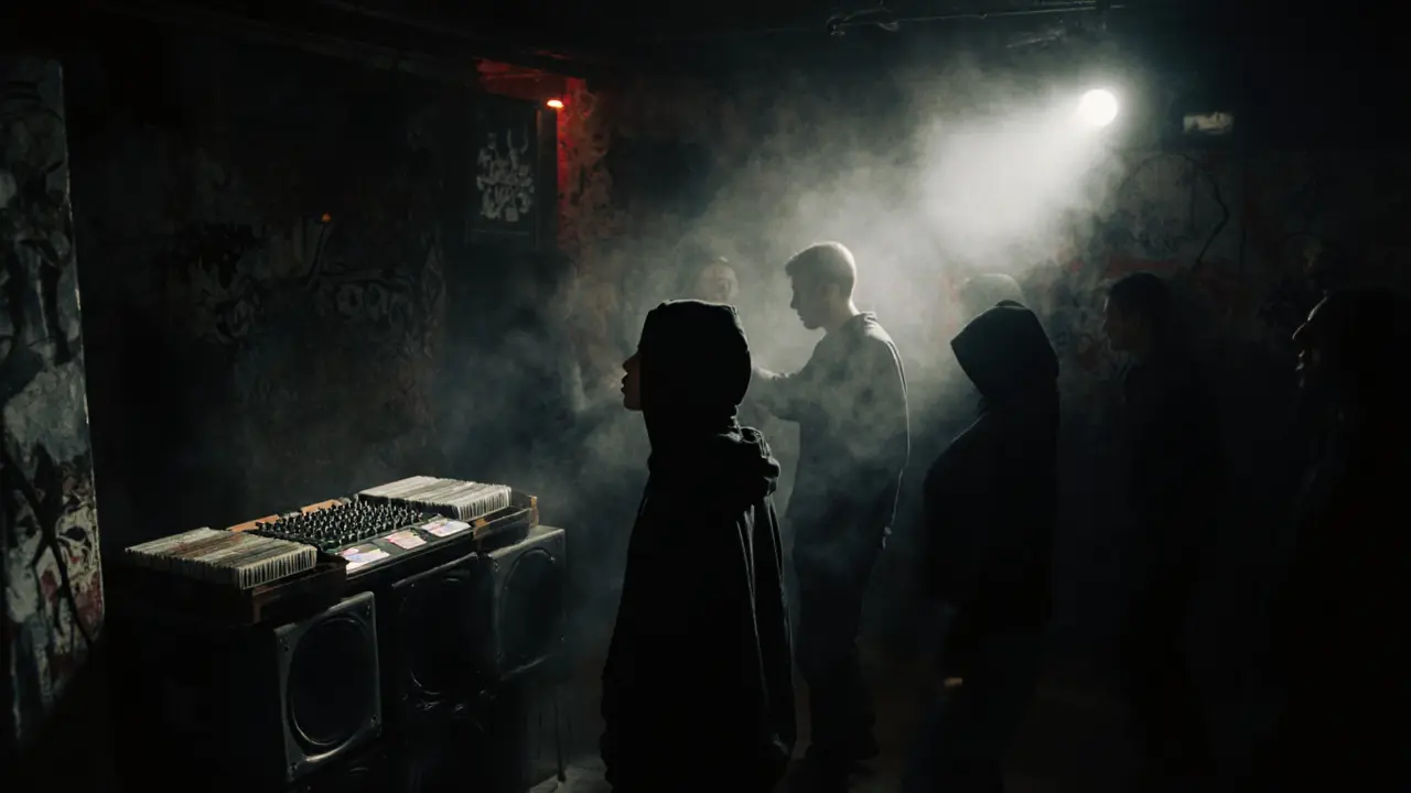 Underground techno club with smoke, vinyl mixer, and silent dancers in dim, gritty lighting.