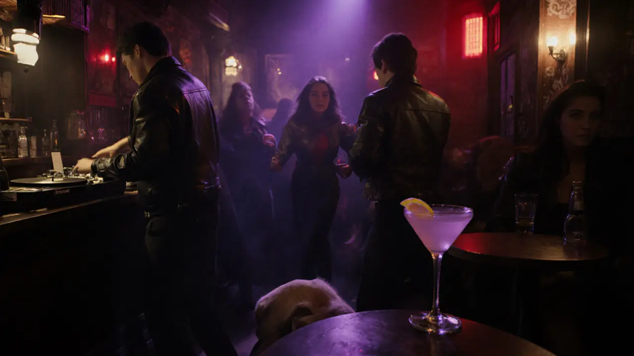 Vibrant late-night bar in Oberkampf with dancers, neon lights, and a smoky atmosphere under purple glow.