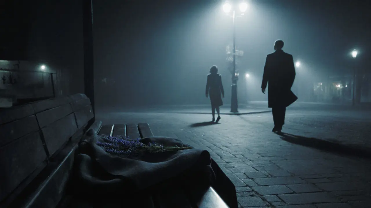 Woman walking alone under a Berlin streetlamp, man&#039;s coat and lavender sprig left on a bench, foggy night, no faces visible.
