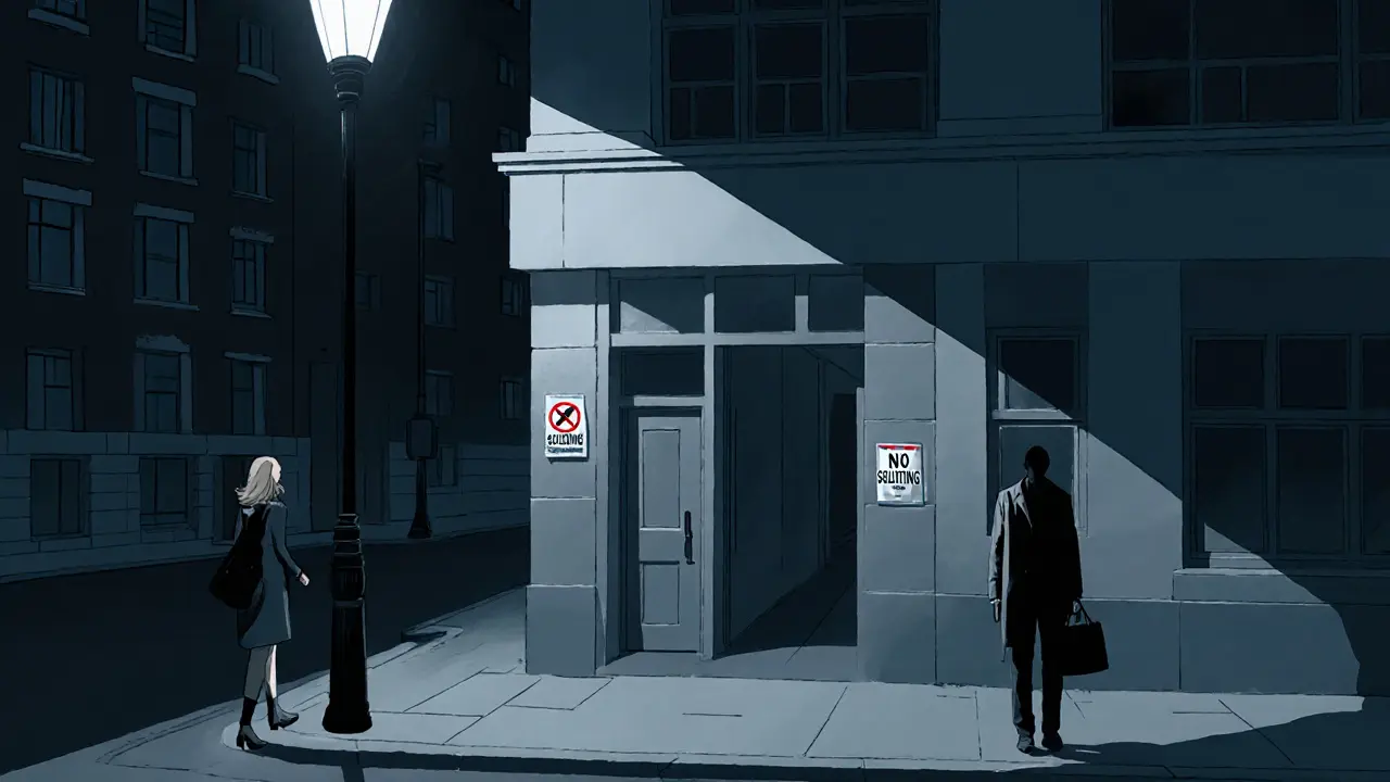 Woman walking away from an apartment building at night, shadowy figure watching from the street.