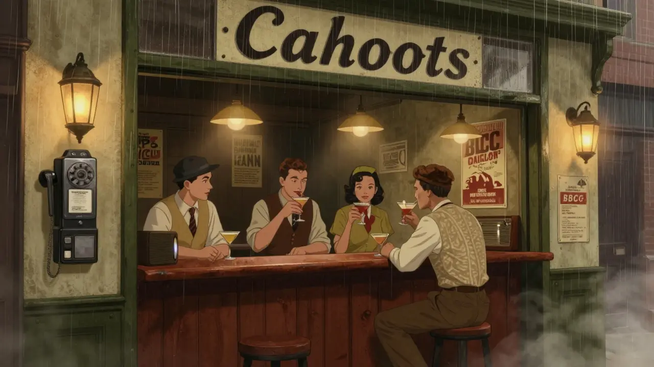 A 1940s-style underground bar with vintage posters and patrons in period clothing sipping cocktails.
