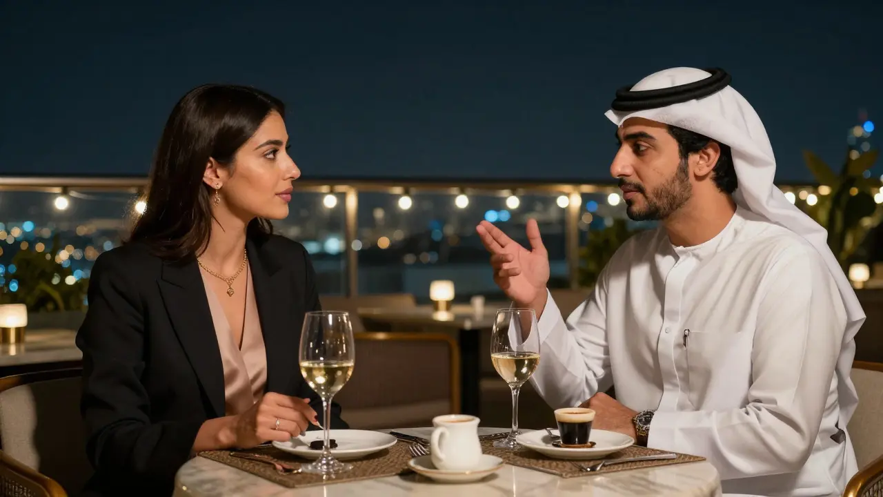 A client and companion share a quiet, respectful dinner at a Dubai rooftop lounge, engaged in thoughtful conversation.
