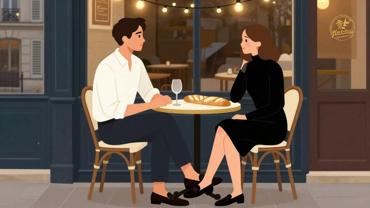 A couple dining at a cozy Paris bistro in minimalist evening attire, surrounded by soft string lights and dim street ambiance.