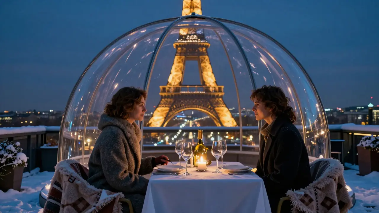 A couple dining under a glass dome on a snowy Paris rooftop as the Eiffel Tower sparkles in the distance.