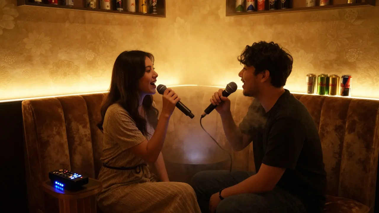 A couple singing together in a cozy Japanese-style karaoke booth with soft lighting.
