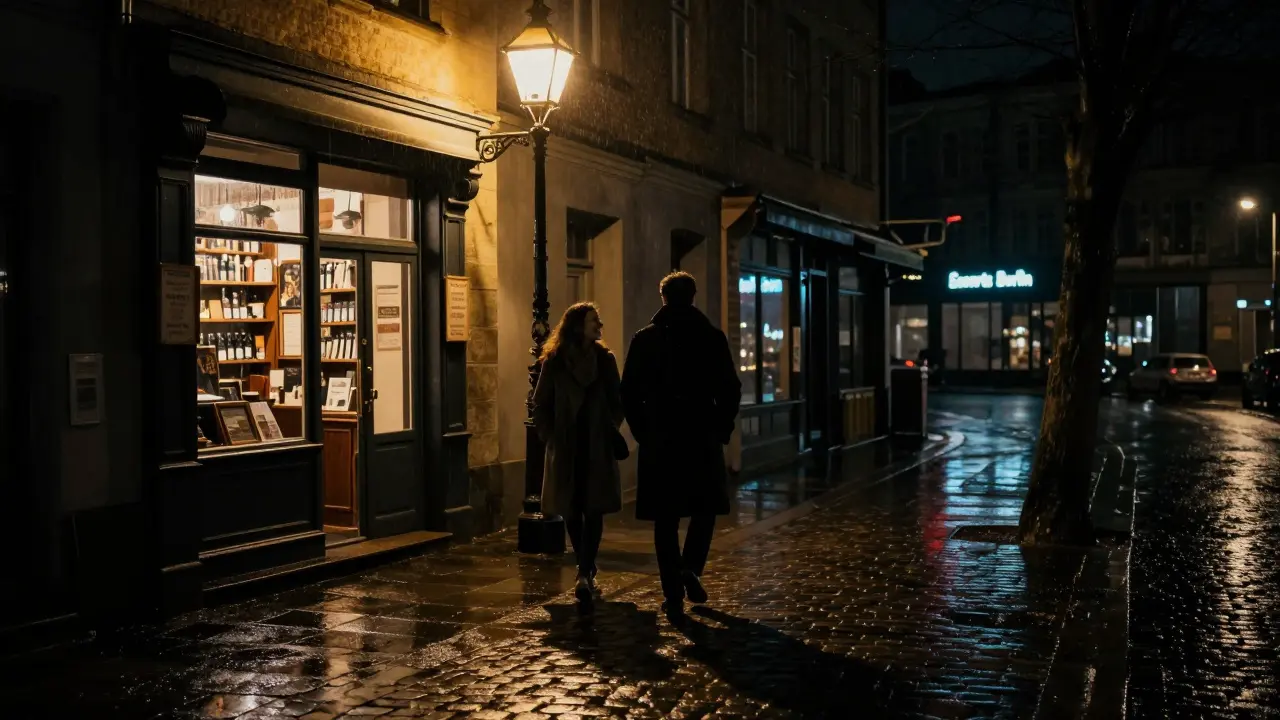A couple walking together in rainy Kreuzberg, shadows long under a streetlamp near a bookstore.