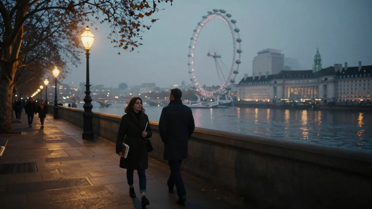 A couple walks peacefully along the Thames at dusk, reflections on the water, city lights glowing softly in the background.