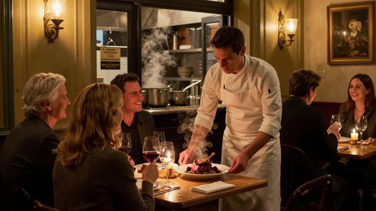 A cozy Parisian restaurant at night with a chef serving duck confit under soft candle glow.